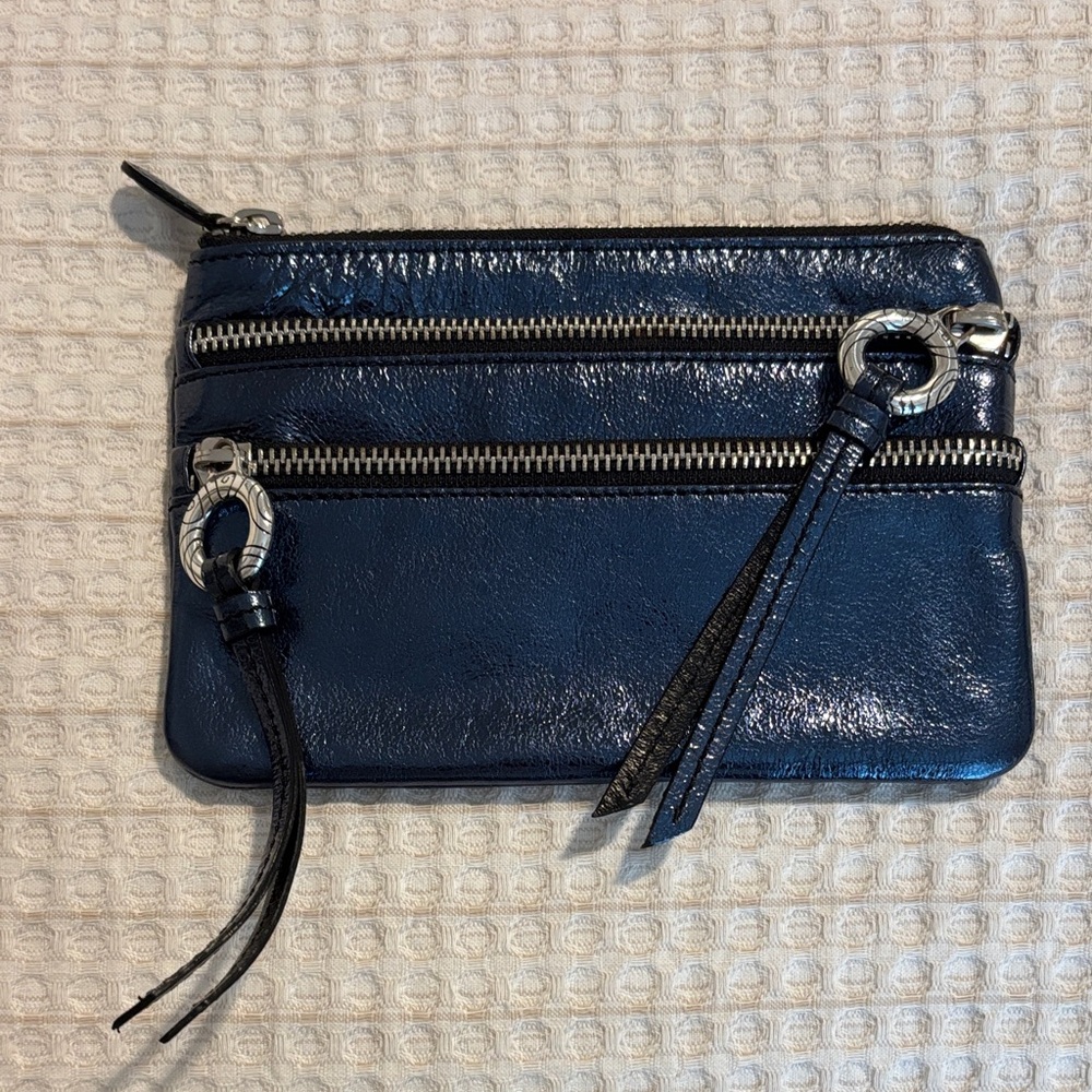 Brighton Navy Leather Double-Zip Wristlet with Silver Accents
